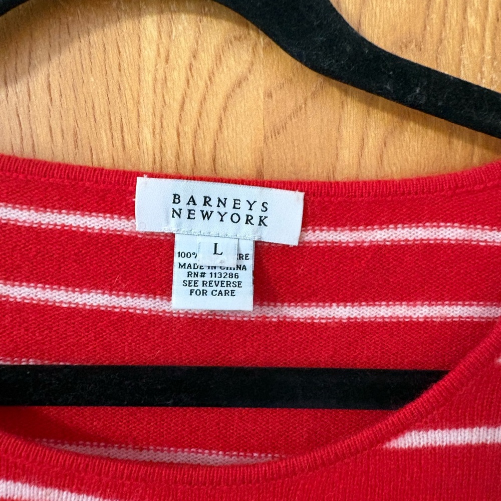 Barneys New York Red and White Striped Cashmere Crew Neck Sweater L - Picture 3 of 8
